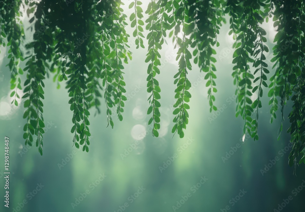 Aufkleber lush green leaves hanging from trees in soft natural light with a subtle background creating a peace