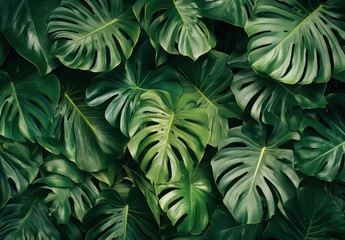 Lush Green Leaves Background with Textured Patterns of Monstera and Tropical Foliage Creating a Vibrant and Fresh Atmosphere for Designs