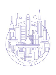 Fototapeta premium Futuristic Cyberpunk City Skyline – Sci-Fi Adult Coloring Page on White Background