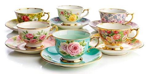 Fototapeta premium Antique tea party captured: a nostalgic collage of vintage porcelain teacups and saucers.