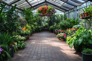 The tranquil path in the greenhouse leads through vibrant flowers and flourishing greenery, offering a serene escape among naturers beauty.
