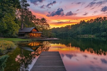 Fototapeta premium A serene lakeside retreat features a wooden dock, with a vibrant sunset casting a warm glow over the tranquil waters.