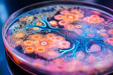 Colorful microbial growth patterns laboratory science image close-up artistic concept