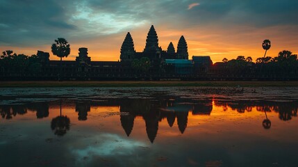 Fototapeta premium Majestic Angkor Wat Temple at Night Illuminated - Historic Khmer Architecture in Cambodia