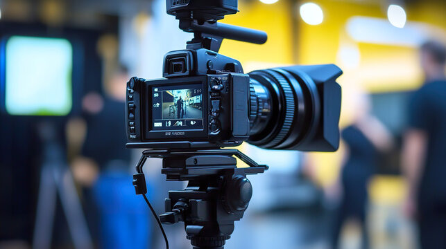 Silhouette images of video production behind the scenes or b-roll or making of TV commercial movie that film crew team lightman and cameraman working together with director in big studio

