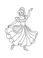 Elegant Ballroom Dancer in a Flowing Dress – Graceful Adult Coloring Page on White Background