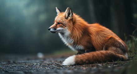 Fototapeta premium Majestic Red Fox Sitting in Rainy Forest Setting Captured in Vibrant Detail