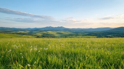 Fototapeta premium Mountain meadow sunset landscape, calm nature scene