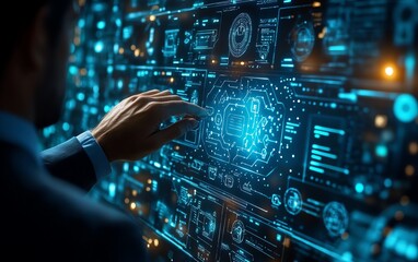 Fototapeta premium Businessman exploring AI ethics in a digital interface