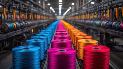Obraz premium Spools of colorful thread line factory machinery, stretching into a blurred industrial background