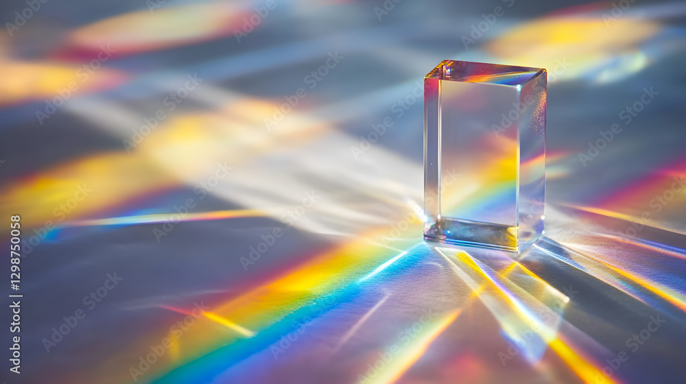 Wall mural light refracted through a clear glass cup, creating rainbow-like patterns on a table