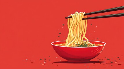 Chopsticks Lifting Noodles from a Red Bowl Against a Vibrant Red Background with Scattered Garnishes