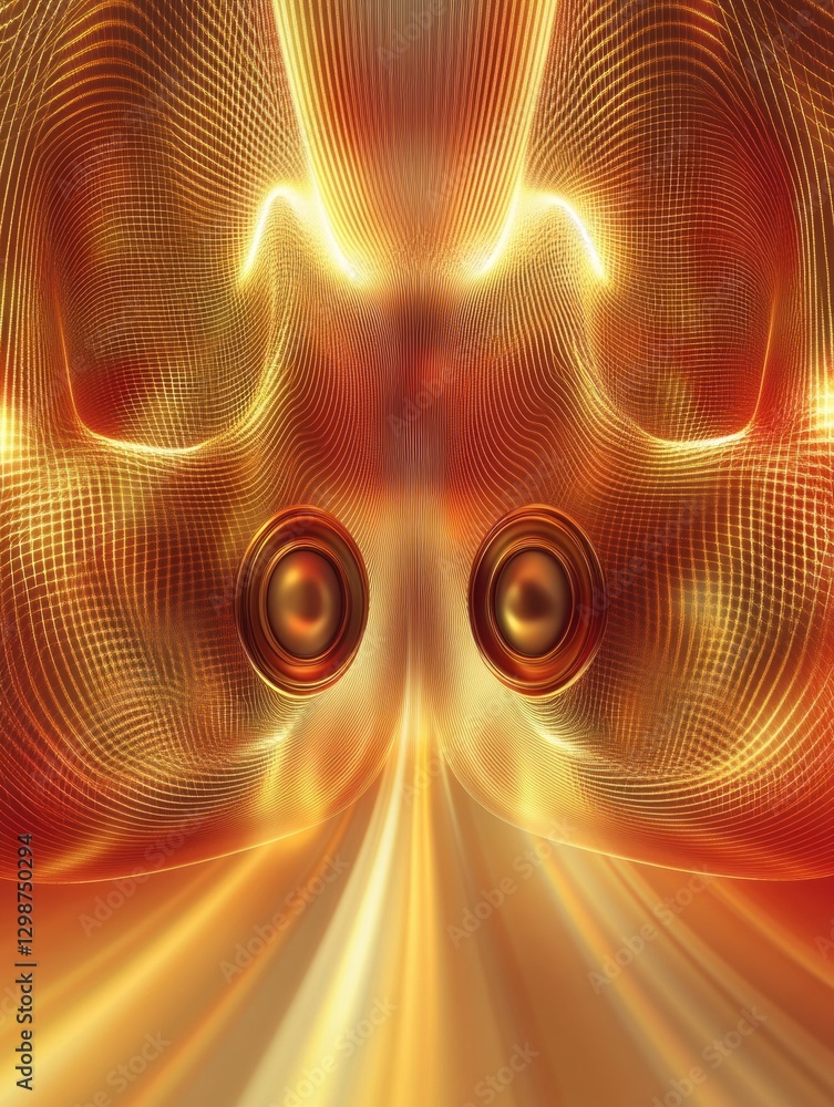 Poster 3D speakers emitting dynamic light waves in a vibrant abstract design showcasing sound energy and visual excitement. Generative AI