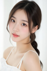 Female Asian Model with Braided Hair - Young Beautiful Woman with a Braid - Studio Portrait of Asian Beauty for Fashion, Cosmetic, Skincare - Posing on White Background - Smooth Tied Hair