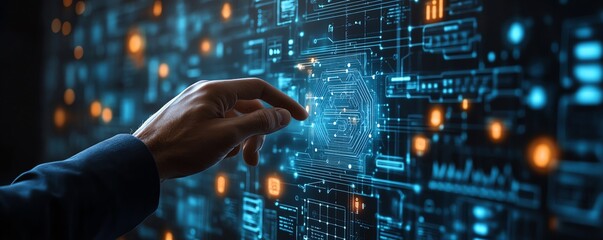 Businessman touching virtual interface showing AI ethics icons