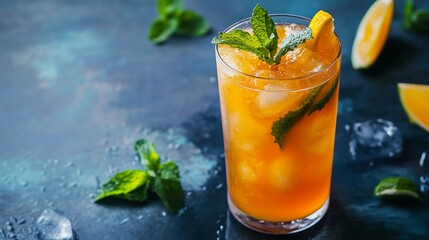 A glass of orange juice with ice cubes and mint leaves. The glass is half full and the drink is refreshing.