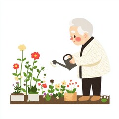 An elderly person is watering colorful flowers in pots, enjoying gardening and nurturing plants in a cheerful setting.