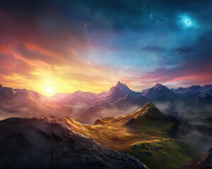 Fototapeta premium Breathtaking Sunrise Over Majestic Mountains and Vibrant Sky