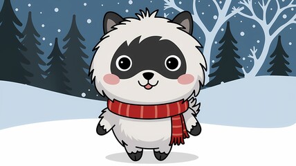 Adorable Illustration of a Fluffy White Animal with a Red Scarf in a Snowy Landscape