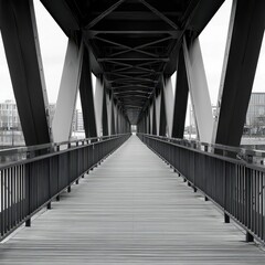 Black and White Photograph of a Modern Pedestrian Bridge Structure