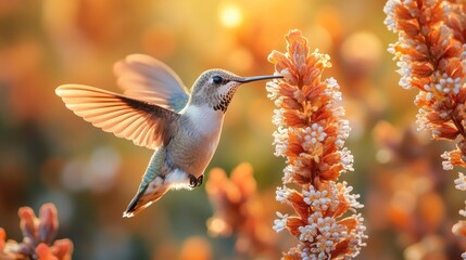 Obraz premium Hummingbird feeding on orange flower in sunlit garden with soft, bokeh background