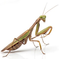 Ultra-Detailed Macro Photography of a Praying Mantis: Folded Legs, Elongated Body, and Intricate Eyes on Pure White Background