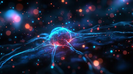 Glowing neural network cell in cosmic digital space with vibrant lights
