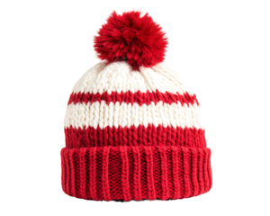 Knitted Winter Beanie with Red and White Stripes on transparent background Generative Ai