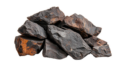 Obraz premium A collection of rough, dark rocks with various textures and colors, stacked together in an irregular formation. isolated on white background.