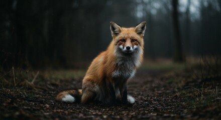 Red Fox Sitting on a Forest Path Surrounded by Trees in a Rainy Mood