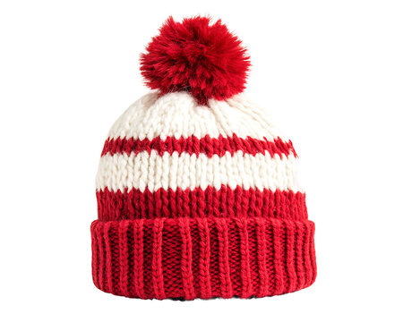 Knitted Winter Beanie with Red and White Stripes on transparent background Generative Ai