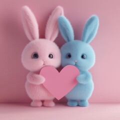 Fototapeta premium Pink and Blue Bunny Love: Two adorable fluffy bunnies holding a pink heart against a soft pink backdrop Cute sweet and full of love!