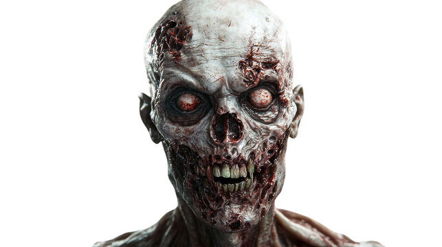 A grotesque zombie head featuring decayed flesh, hollow eyes, and a menacing grin. isolated on white background.