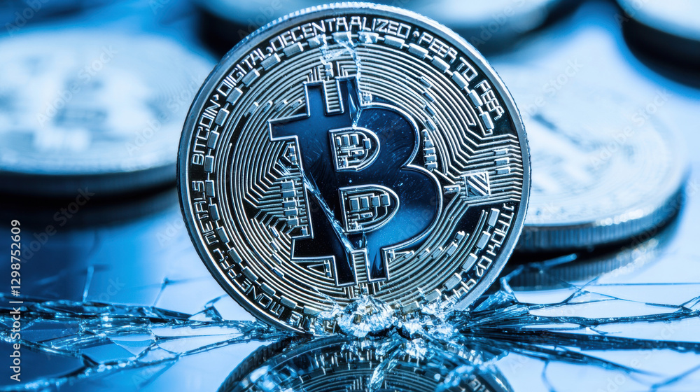 Poster bitcoin crash, crypto price drop sell-off. a close-up of a bitcoin on a reflective surface with shat
