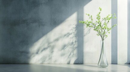 Obraz premium Elegant Green Branches in Glass Vase Minimalist Home Decor Modern Spring Botanical Still Life Photography Light Grey Wall Background Simple Interior 