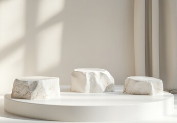 Minimalist Display of Textured White Stones on a Round Pedestal in a Bright, Light-Filled Artistic Space with Soft Shadows