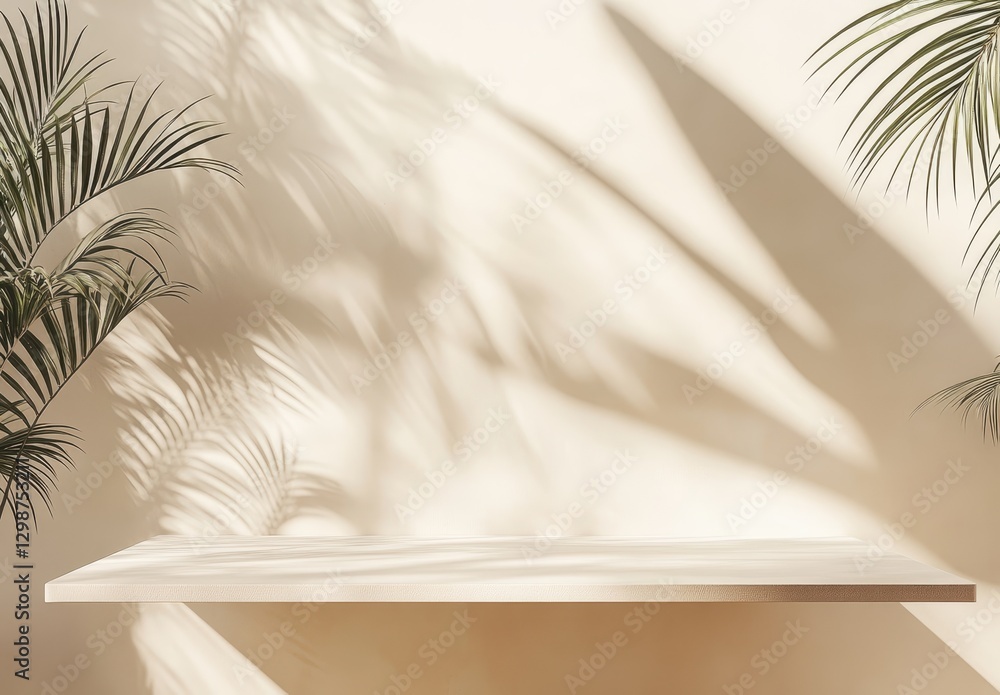 Poster minimalist display shelf with palm leaves and soft shadows on a light neutral background for contemp