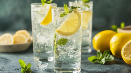 Three glasses of lemonade with a slice of lemon in each. The glasses are on a table with a bowl of lemons and a bowl of mint.