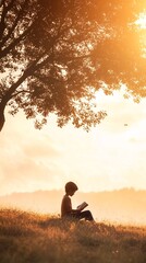 person silhouette reading book tree golden light