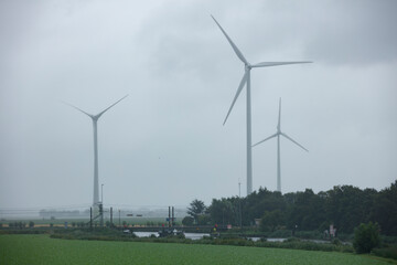 Fototapeta premium Wind turbines stand tall against the cloudy sky in rural Nederland during an overcast day