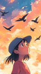 Fototapeta premium anime girl hat birds pastel mist