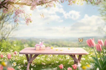 Un encantador picnic primaveral rodeado de flores, mariposas y un hermoso paisaje.
