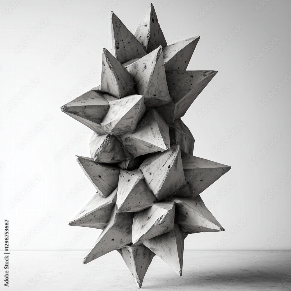 Poster abstract geometric sculpture in grayscale angular shapes create a complex textured form against a cl