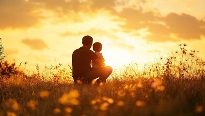 A father and son silhouette at sunset, sharing a tender moment in a golden field, bathed in warm light.