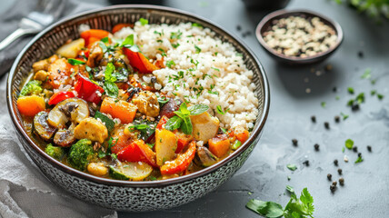 Delicious vegetable curry with rice, colorful ingredients, and fresh herbs