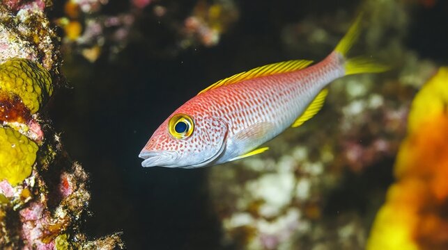 Un pez colorido nada entre corales vibrantes en un fondo marino.