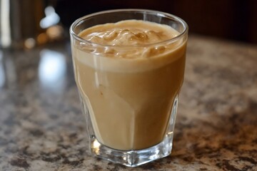 Un delicioso vaso de café frío, cremoso y espumoso, listo para disfrutar en una superficie de mármol.