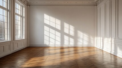 Obraz premium Empty sunlit room with parquet floor