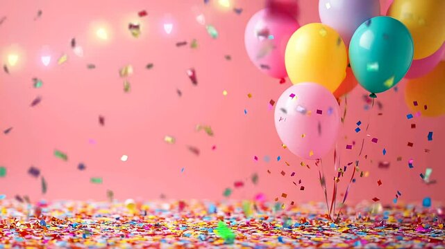 Decoraci&oacute;n de fiesta de cumplea&ntilde;os o aniversario con globos y confeti de fondo de animaci&oacute;n en bucle de 4k
