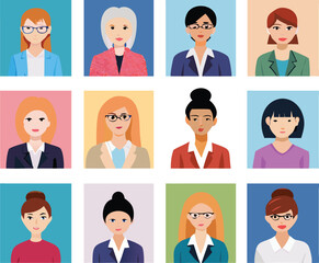 People Icons Set. Team Concept. Diverse business men and women avatar icons. Vector illustration of flat design people characters.